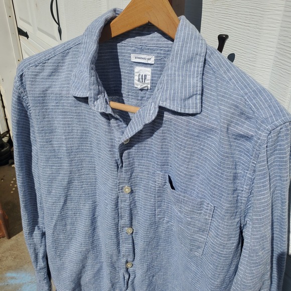 GAP Men's Casual Blue Linen Blend Horizontal Striped Button Up SZ:L - Picture 2 of 9